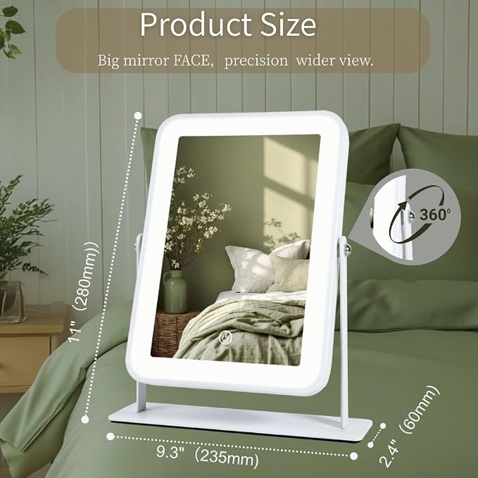 9"x11" Rechargeable Desktop Makeup Mirror with LED Lights, Adjustable Brightness Lighted Vanity Mirror, Tabletop Mirror for Bedroom, Gifts for Women with 3-Color Smart Touch Dimmable Lighting