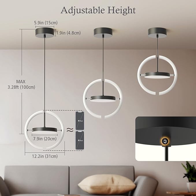 FIMEI LED Saturn Pendant Lights, 3000-6000K Dimmable Adjustable Hanging Chandelier Saturn Ring Design for Dining Room Kitchen Island Entryway Bedroom Foyer Black (Black, 2)
