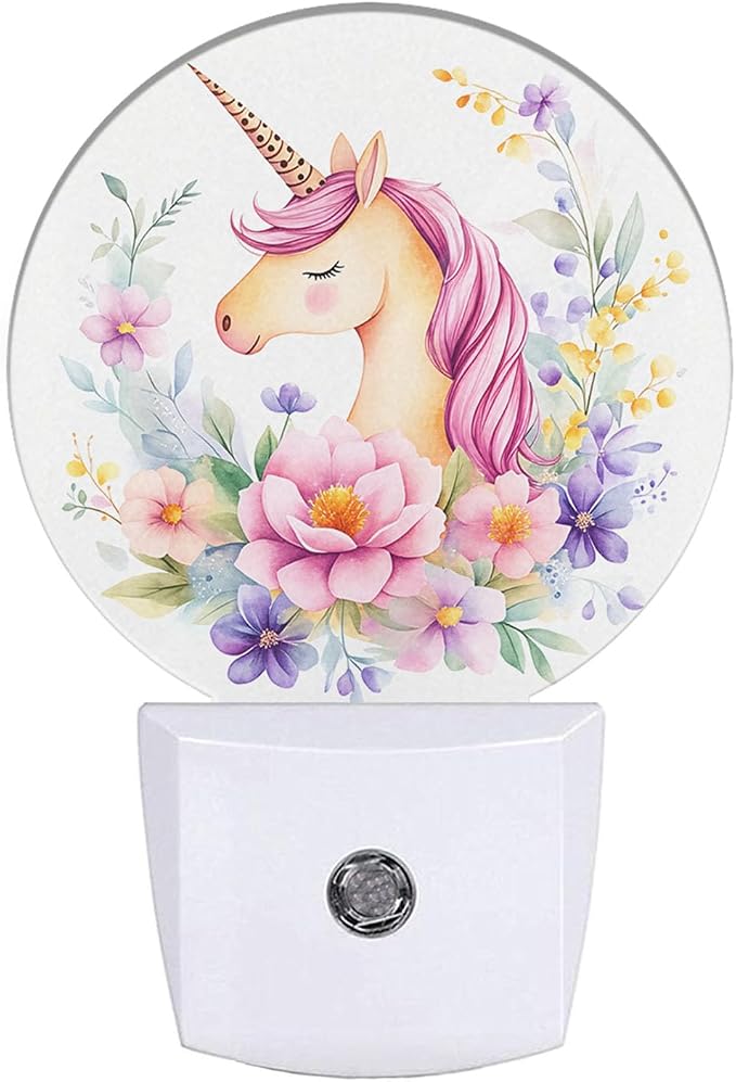 EKOBLA Unicorn Night Light, Pink Unicorn Among Flowers Night Lights Plug Into Wall with Auto On/Off Sensor for Girls Bedroom, Nursery and Indoor Home Decor