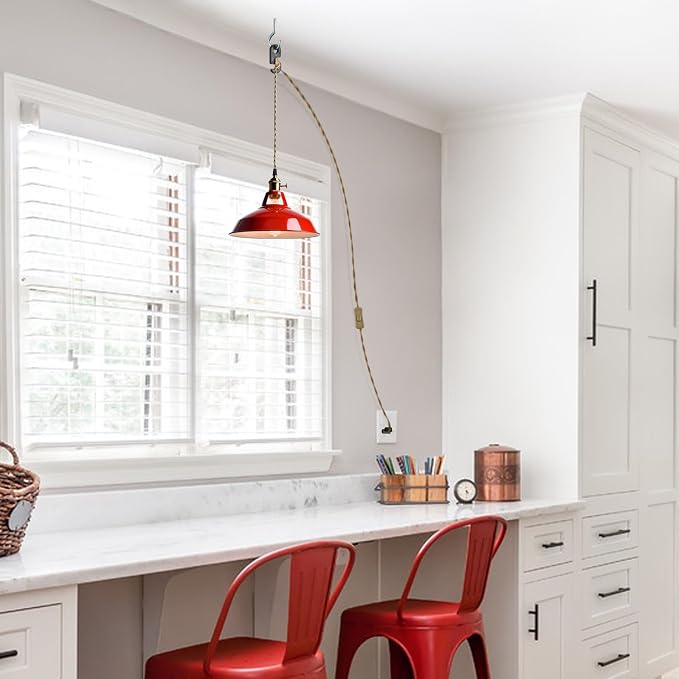 YUBOLE Plug-in Pendant Light Vintage Red Barn Shade-10.06" W with Switch | Flexible Hanging Light, Adjutable 216.5"L Cord with On-Off Switch Swag Lamp for Kitchen Bar Dining Foyer Cafe Bedroom