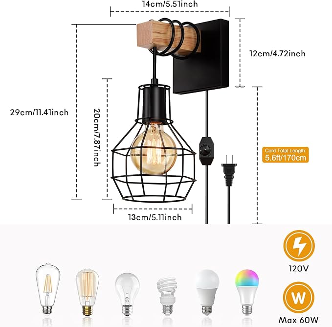 Lightess Plug in Wall Sconces Set of 2 Industrial with Dimmer Cord Control | Wall Mount Light Fixture with ON/Off Dimmable Switch Cord Rustic Accent Lights For Bedroom Living Room Bulb Not Included