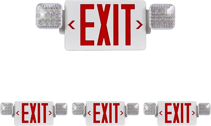 Red LED Exit Sign Emergency Light Combo, UL Listed Battery Backup | UL-listed commercial fire exit sign features 90-min battery backup, 360° rotating dual heads, and easy dual-mount setup.