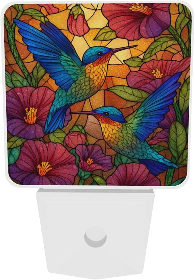 Blue Hummingbirds Night Light Set of 2, Colorful Flowers Auto Sensor LED Dusk-to-Dawn Nightlights, Plug-in Sensor Lamp for Bedroom Bathroom Kitchen Hallway Stairs Decorative