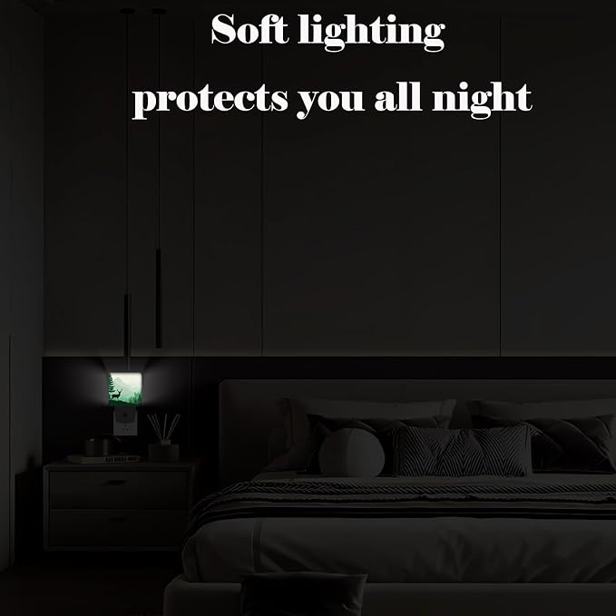 Misty Mountains Forest Night Light,Silhouette Deer Plug Into Wall for Boys Girls Bedroom Decorative Square Night Light Lamp 0.5w Sleep Friendly