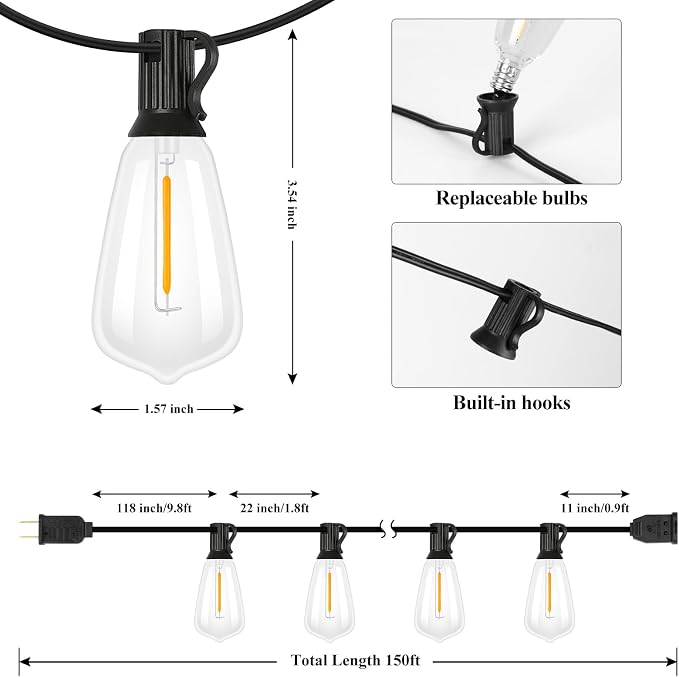 150FT Outdoor String Lights 77 Bulbs, 2200K Amber Lights | 2 Spare ST38 Edison Bulbs Dimmable, Connectable Plug-in LED Patio Lights for Outsiede, Cafe, Wedding, Christmas