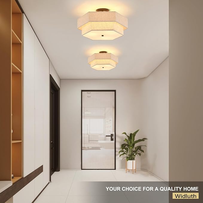 18" Large Black Semi Flush Mount Ceiling Light, 3-Light Fixture | Beige Linen Double Hexagonal Shade, Modern Black Finish For Bedroom, Dining, Living, Hallway, Entryway; Close-To-Ceiling, E26