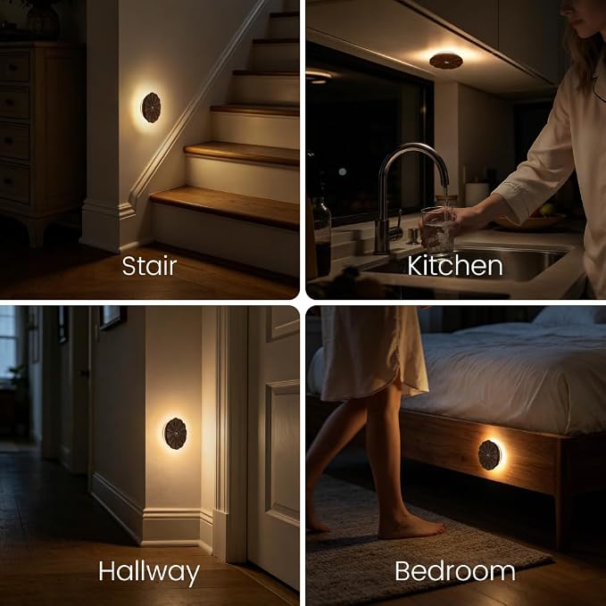 Motion Sensor Night Light Indoor, Rechargeable Wooden Flower Lamp | Black Walnut Carved Fflower Sensor Light, USB-C Rechargeable, Magnetic Mount, Warm Light for Bathroom, Hallway, Home Decor