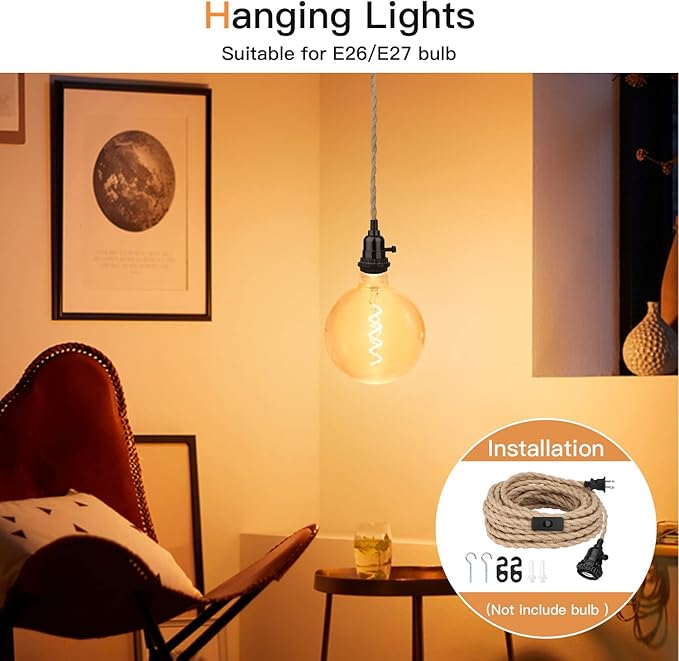 16.5FT Pendant Light Kit, Hanging Lights with Plug in Cord & Switch, Hemp Rope Swag E26 Socket Pendant Lamp, Extension Lantern Cable Vintage Farmhouse Industrial Retro DIY Decoration Fixtures