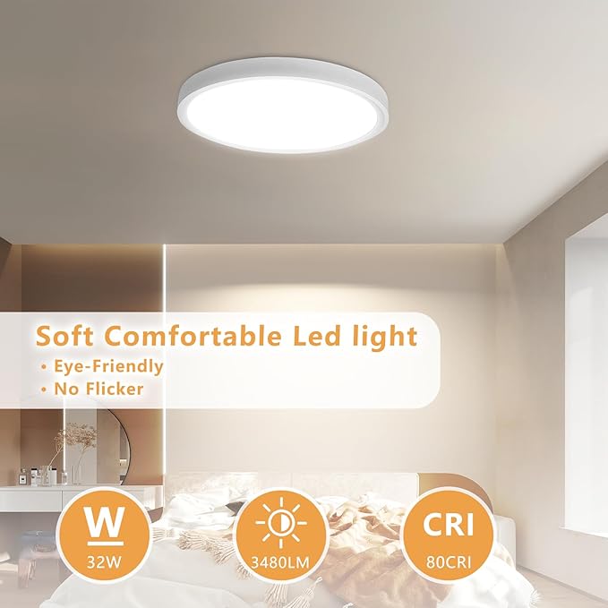 2PK 15.8 Inch Led Ceiling Light Flush Mount, 32W, 3480LM, 3000K/4000K/6000K CCT Selectable Super Slim LED Ceiling Light, Close to Ceiling Round Flat Panel Light for Hallway, Bedroom,Kitchen ect