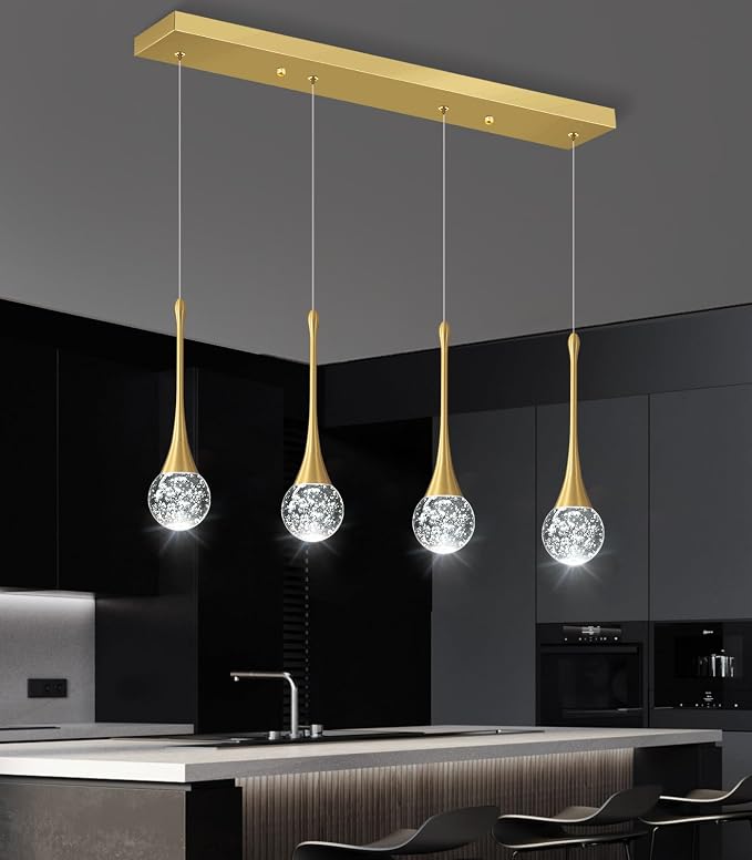 4-Lights Modern Pendant Lights for Kitchen Island LED Dimmable Crystal Glam Ceiling Pendant Lighting Chandelier for Dining Room Hallway Bedroom Gold