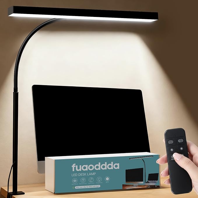 LED Desk Lamp with clamp, Remote Control Desk Lamp, 5 Color Modes & 10 Brightness Levels, 17'' Wide Light Bar, Eye Caring Gooseneck Desk Light, Adapter Included