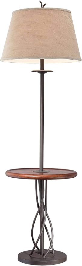 Twist 63 1/2" Metal and Walnut Tray Table Floor Lamp Living Room | Rustic Farmhouse Country Cottage Core with End 5 Wood Twisted Iron Base Brown Linen Fabric Tapered Drum Shade for Bedroom