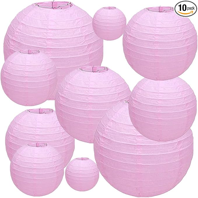 Folding Round Paper Lantern Reusable Chinese/Japanese Style Hanging Ornament Lamp Cover for Garden Birthday Party Decoration Supplies(Pink,10pcs Assorted Sizes)