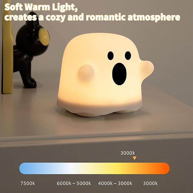Ghost Night Light, Cute White Night Lamp for Bedroom USB Rechargeable Lamps Adjustable Brightness, Nursery Bedside Delay-Off Nightlight for Birthday Gift Halloween Christmas