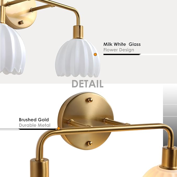 Brushed Gold 4-Light Vanlity Light Over Mirror,Wall Sconces,Gold Brass Bathroom Light Fixture with Milk White Glass Flower Shade,E26(Bulbs Not Included)