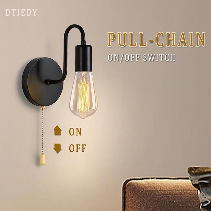 Pull Chain Wall Light Fixture 1-Light Wall Sconce with On Off Switch Hardwired Black Wall Sconces Indoor Vintage Industrial E26 Wall Lighting for Bedroom Hallway Bathroom, Bulb not Included