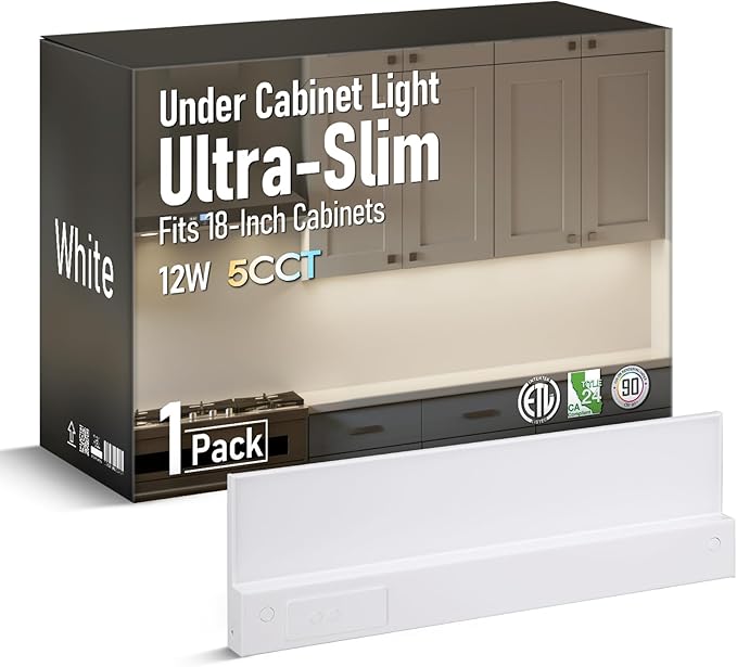 TORCHSTAR Ultra-Slim LED Under Cabinet Lighting Fits 18 Inch Cabinets, 5CCT 12W 900LM, Hardwired & Plug-in, 120V CRI90 Linkable Dimmable Thin Under Counter Lights for Kitchen, ETL T24