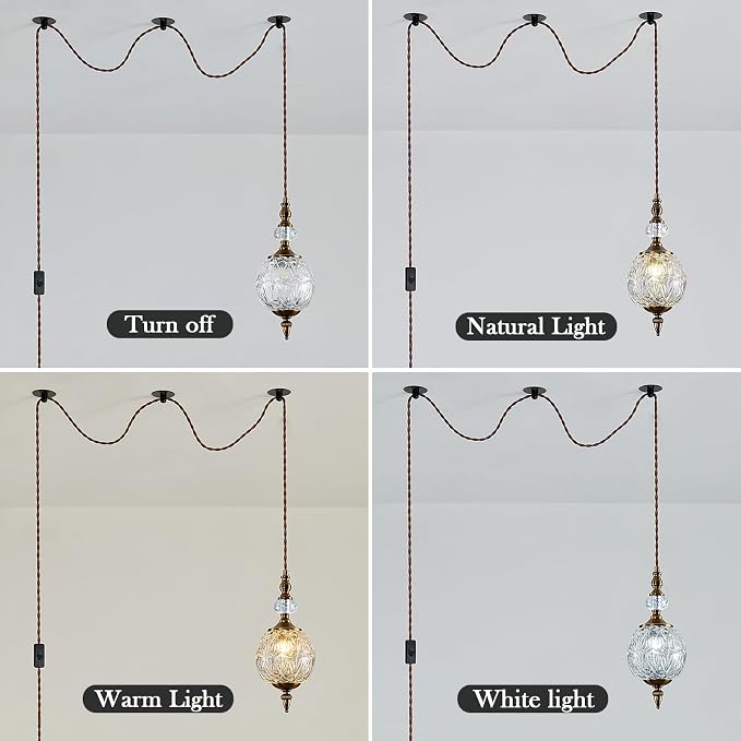 Piepooye Vintage Plug in Gold Glass Pendant Light for Kitchen Island | Antique 4.72" Mini Adjustable Hanging Ceiling Light Fixture Dining Room Bedroom Foyer Entryway