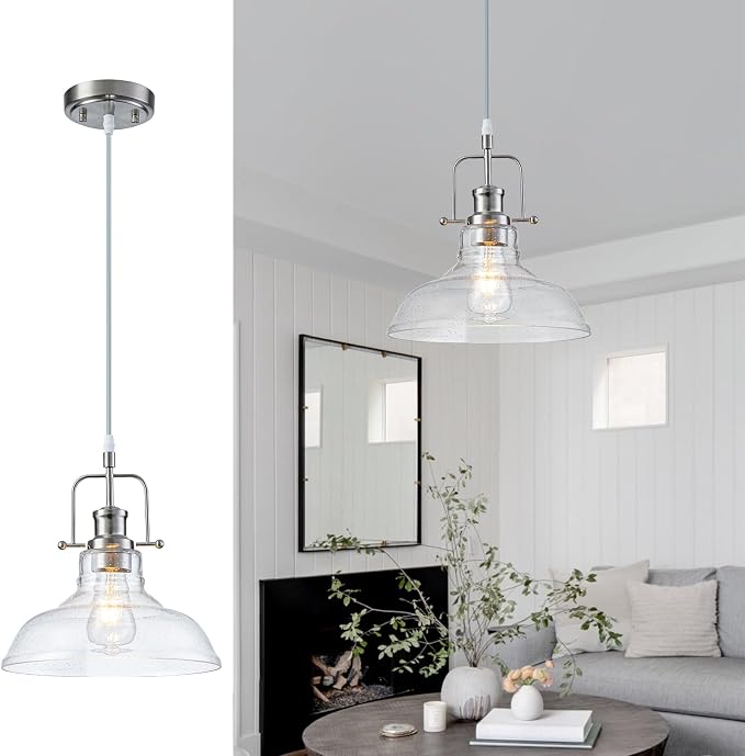 WILON Seeded Glass Modern Pendant Light for Kitchen, Brushed Nickel | 11'' Seeded Glass Shade, Adjustable Height, E26 Ceramic Socket, 60W MAX, Modern Style for Dining Room Kitchen Over Sink