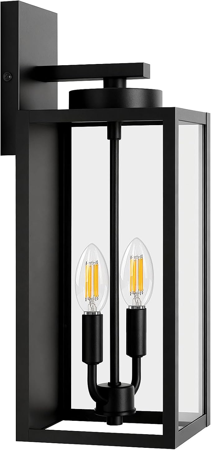 18” Large Outdoor Wall Light, 2-Light Exterior Porch Sconce, Black | Waterproof, Rust-Resistant, Durable Metal with Clear Glass, Standard E12 Socket, Easy to Install