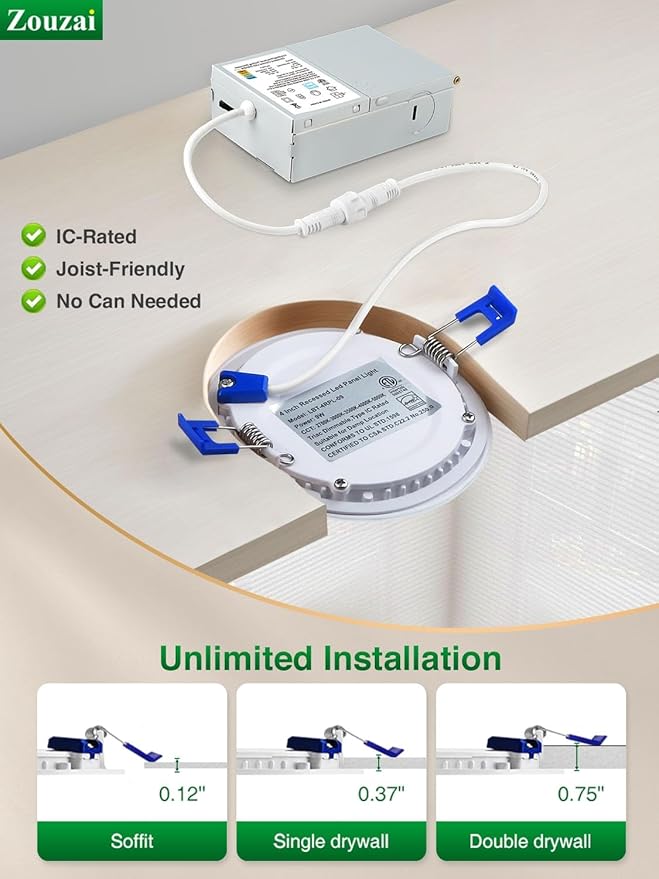 zouzai 24 Pack 6 Inch Ultra-Thin LED Recessed Ceiling Light with Junction Box, 5000K Daylight, 12W 110W Eqv, Dimmable Can-Killer Downlight, 1080LM High Brightness - ETL and Energy Star Certified