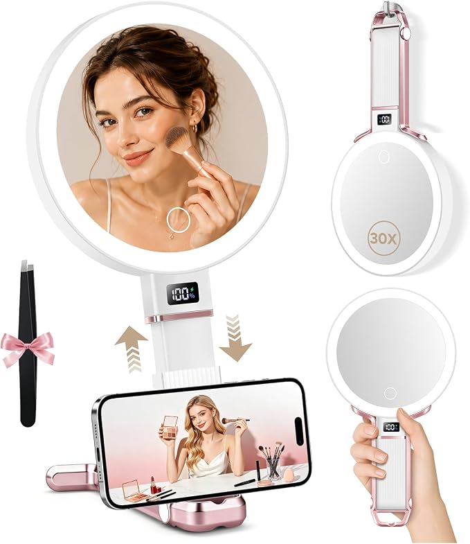 MIYADIVA Travel Makeup Mirror with Lights, Height Adjustable 30X/1X Double-Sided Magnifying Mirror, Portable Foldable Vanity Mirror with Digital Display & Phone Holder, Handheld Tabletop Hanging