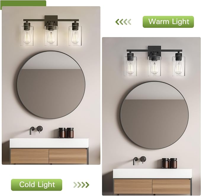 Matte Black Bathroom Vanity Light, 3-Light Vanity Lighting fixtures Over Mirror, Round Design & UL Certification, Wall Sconces with Clear Glass Shades, E26 Socket (Bulbs Not Included)