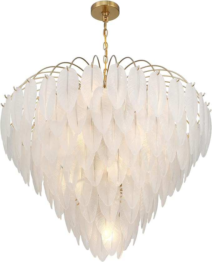 Savoy House 1-3505-15-322 Boa Breegan Jane Designed Mid-Century Bohemian Clear Frosted Glass Feather Chandelier, 15-Light 900 Total Watts, 30" H x 34" W, Warm Brass
