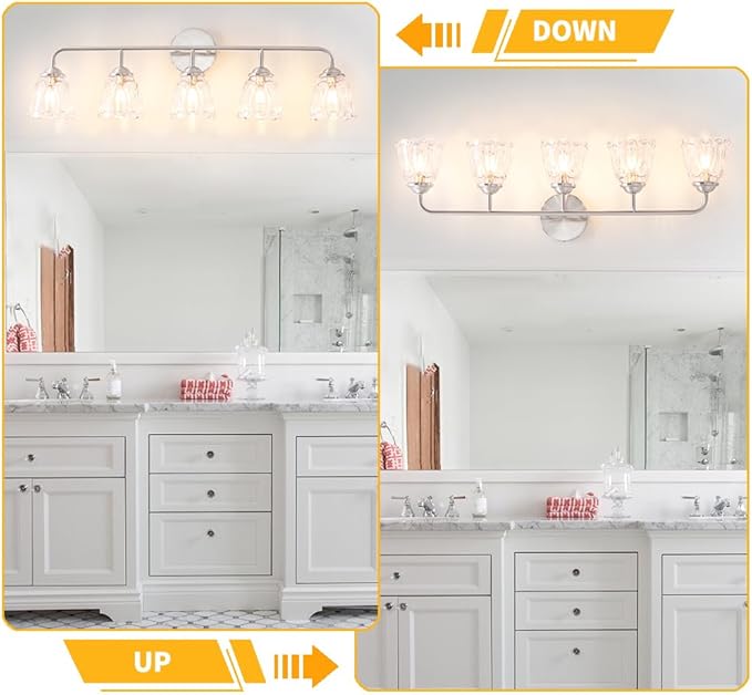 Vintage Vanity Light for Bathroom, Elegant Vanity Light with Flower Glass Shade, Brushed Nickel 5-Light Bathroom Lighting Fixtures Over Mirror, Wall Sconce Lighting for Bedroom, Living Room