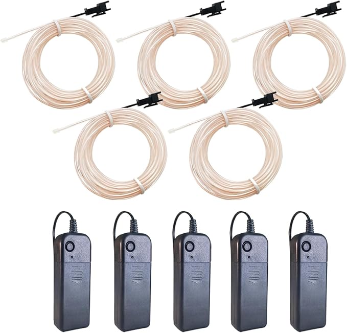 MaxLax EL Wire White 5-Pack, 9ft/2.75m Neon Light Wire with Noise Reduction and Battery Pack…