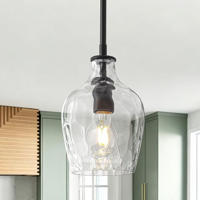 Black Pendant Lights Kitchen Island, 1 Light Modern Kitchen Island Lighting with Hand-Blown Hammered Glass, Adjustable Hanging Pendant Lights for Kitchen, Sink, Entryway