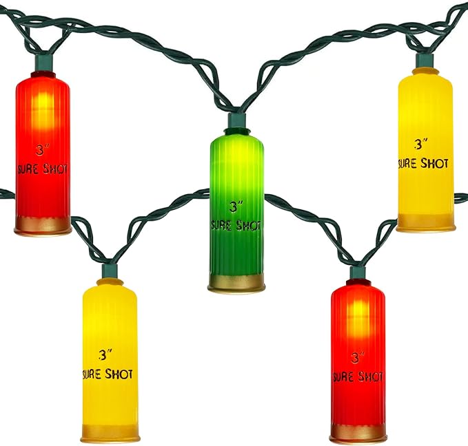 SUNSGNE 8.5ft LED Shotgun Shells String Lights, Indoor Decorative Christmas String Lights with 10 Red Green Yellow Lights, Plug-in Hanging String Lights for Christmas Hunting-Themed Party Decor