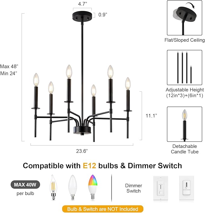 Qamra Black Chandelier,6 Light Farmhouse Dining Room Light Fixture,Small Candle Chandeliers for Dining Room Entryway Foyer Bedroom Kitchen Living Room (Bulbs Not Included)