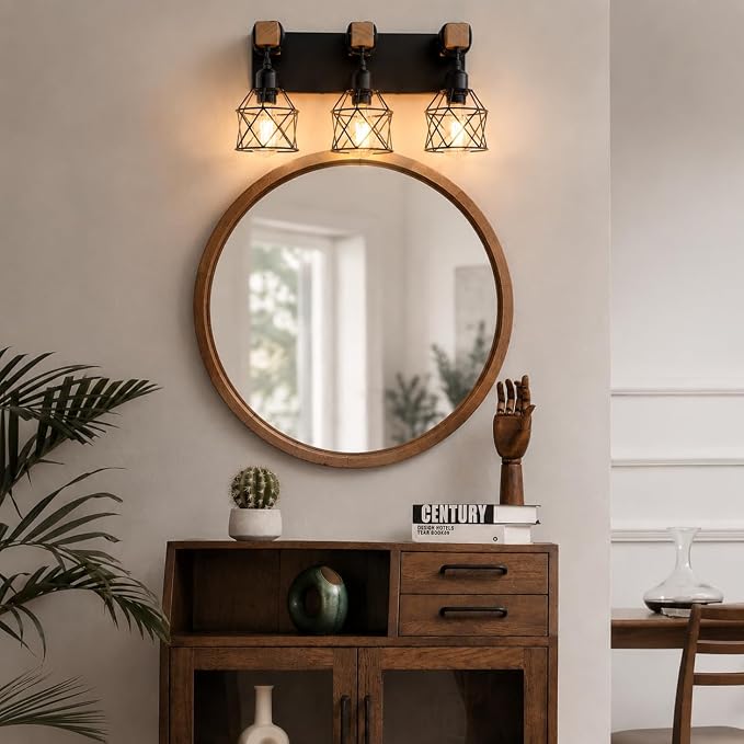 Farmhouse Vanity Light Fixture,3-Light Bathroom Lighting,Black Industrial Wood Wall Light Over Mirror with Metal Shade,Bulbs NOT Included