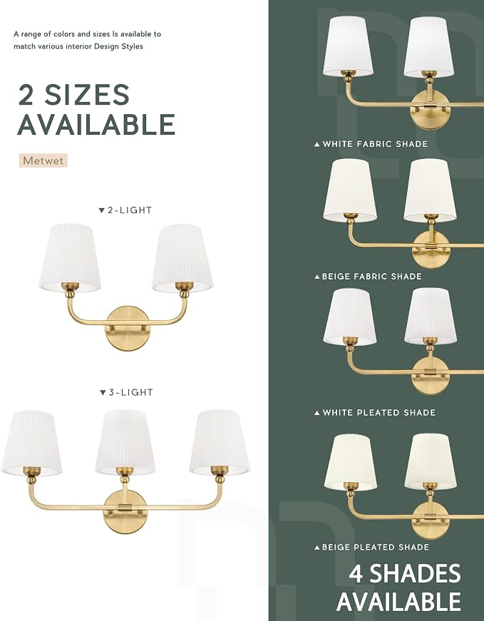 3-Light Brushed Gold Bathroom Vanity Light, Pleated Fabric Shade | 24.75" 3-light gold double wall sconce with white pleated fabric shades, E26 bulbs, hardwired, upward only, VL837-BG-Z-3