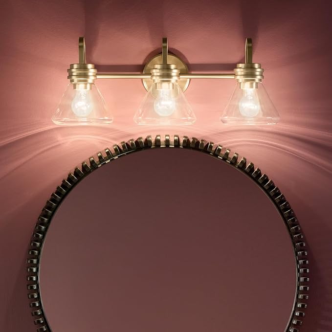 Kichler Farum 3-Light Bathroom Vanity Light, Champagne Bronze | Modern vanity light with clear glass for bathroom mirrors (26" x 9.5"), 55155CPZCLR