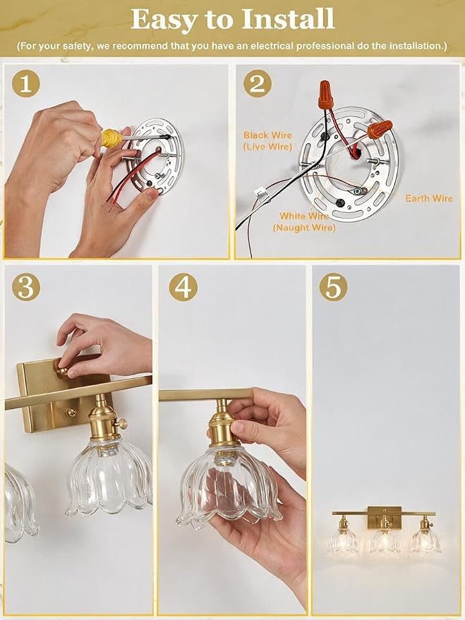 3-Light Vintage Bathroom Vanity Light, 19.4" Brass Hardwired Wall Sconce with Amber Tulip Glass Shades, Brushed Gold Vanity Light for Mirror, Restroom, Bedroom (Clear, 3-Light)