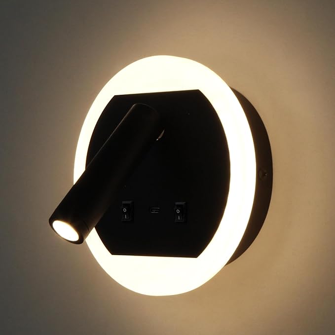 Facon 12V RV Wall Sconce Reading Light with w/18W USB-C Fast Charger, 270° Rotatable Spot Lights with Independent Switches, RV Interior Light for Bedroom, Camper, Trailer, Tiny Homes