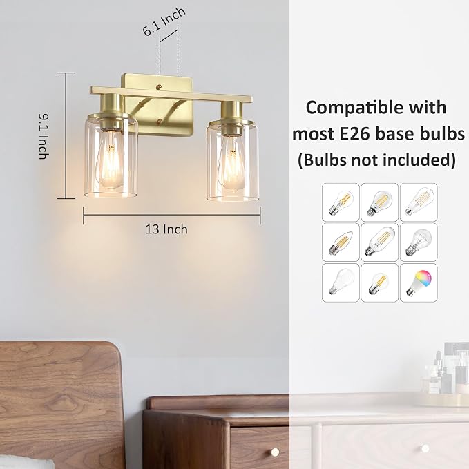 2-Light Gold Bathroom Vanity Light,Brushed Gold Bathroom Light Fixtures Over Mirror with Clear Glass Shade,Modern Wall Sconces Lighting for Kitchen Living Room Cabinet Hallway