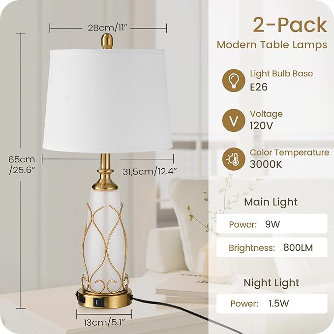 25.6" Glass Gold Table Lamps Set of 2, Tall Bedside Lamps with Nightlight, Modern Nightstand Lamp with USB Ports, Desk Lamp for Bedroom, Living Room, Office, LED Bulbs Included W02TL05