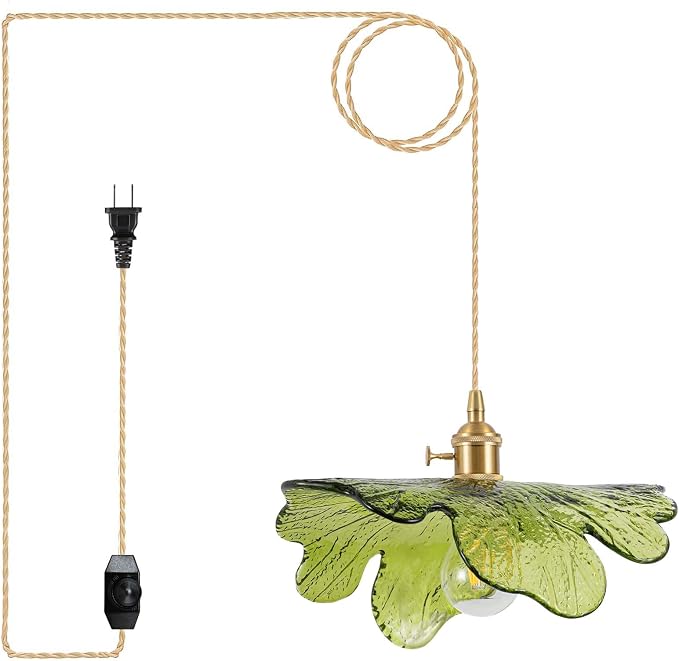 Plug in Pendant Light Fixtures,Hanging Light Fixture 12.9in Green Glass Pendant Light,E26 Pendant Lighting for Kitchen Island, Bedroom, Dining Room, Living Room