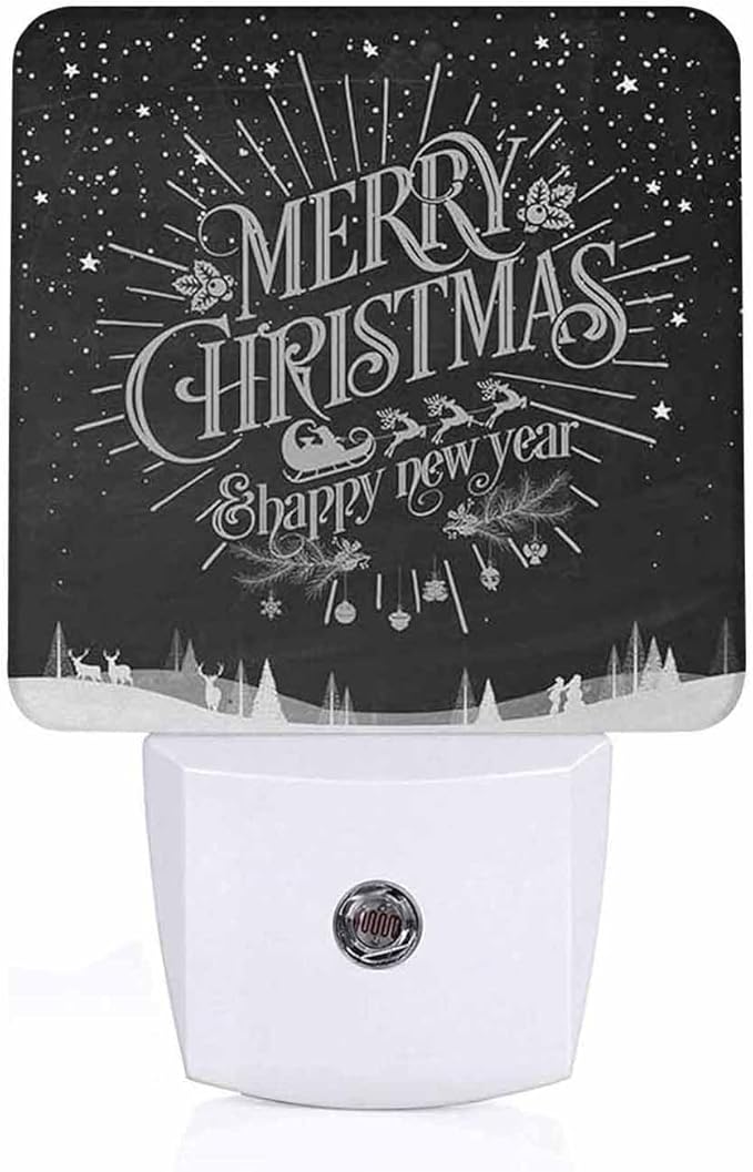 LED Night Light Lamp with Smart Sensor Dusk to Dawn Sensor,Merry Christmas Happy Black White Night Light Daylight White,0.5W Plug-into Wall for Adults,Bedroom,Bathroom,Hallway,Kitchen