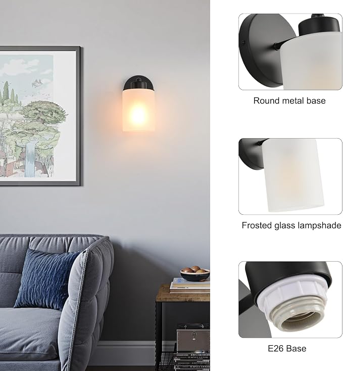 Metal Sconces Wall Lighting with Clear Glass Shade, Bathroom Vanity Light Matte Black Wall Sconce, Modern Wall Light Fixtures