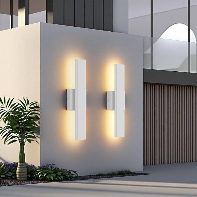 Aipsun 2 Packs Outdoor Wall Sconce, 3000K 4000K 6000K, 15.75in Modern White Exterior Light, Long LED Linear Wall Light Outside Lighting for Entrance, Hallway, Garage, Porch(3CCT)