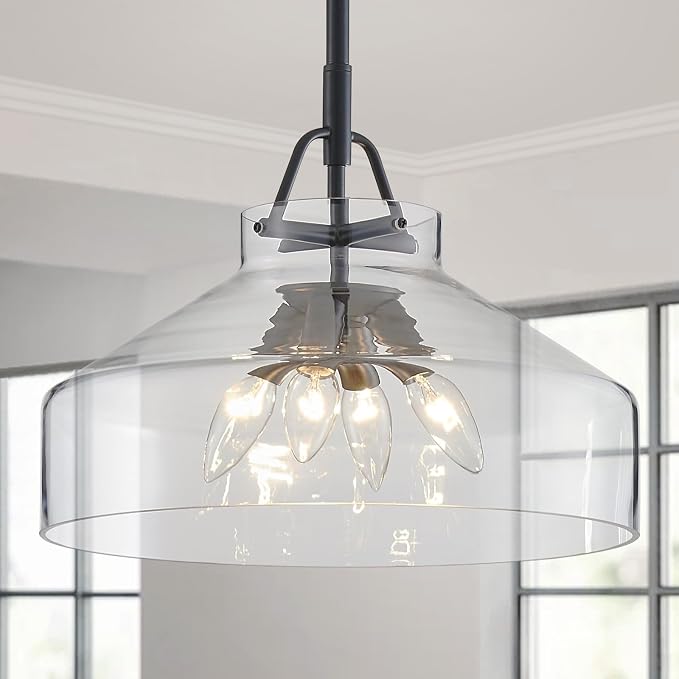 WUZUPS Chandelier Rustic Farmhouse Industrial Round Ceiling Pendant LED Light Fixture with Clear Glass Shades for Dining Room Kitchen Island Foyer Entryway, H 11.8" W 15", E26 Base, Brushed Nickel