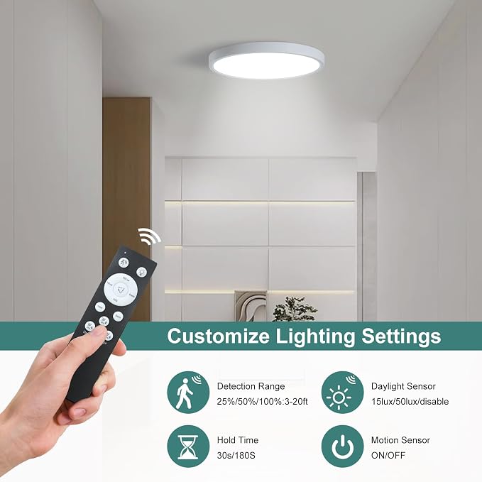 9 Inch Motion Sensor Closet Light Indoor, White | Hardwired, Remote Control Dimmable, Automatic ON/Off, 3000k/4000k/6000k, Round