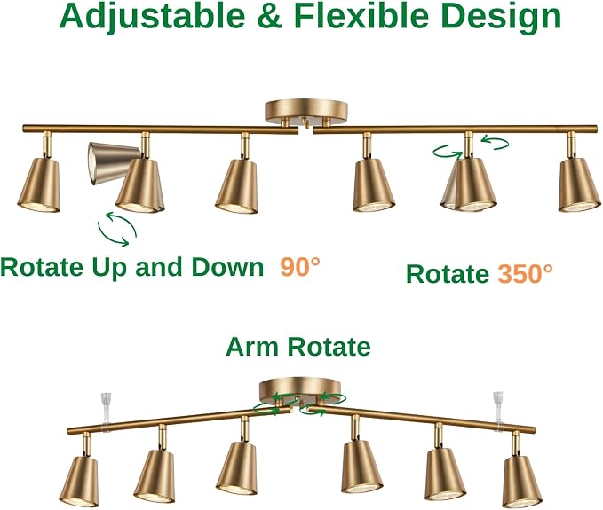 6 Light Track Lighting Kit, Matte Brass Finish Foldable and Adjustable with Modern Ceiling Spotlight for Kitchen,Living,Bed Room Home Improvement