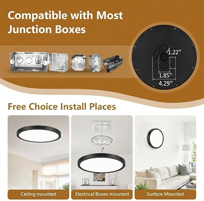 6PK 9 Inch LED Flush Mount Ceiling Light, 18W, 1860LM, 3000K/4000K/6000K CCT Selectable,Super Slim LED Ceiling Light Fixtures, Low Profile Round Flat Panel Light for Bedroom,Kitchen,Hallway,Black