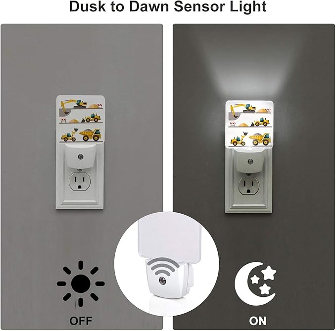 Cartoon Machinery Excavator Truck and Loader Night Light Set of 2 Auto Sensor LED Dusk-to-Dawn Nightlights Plug-in Sensor Lamp for Bedroom Bathroom Kitchen Hallway Stairs Decorative