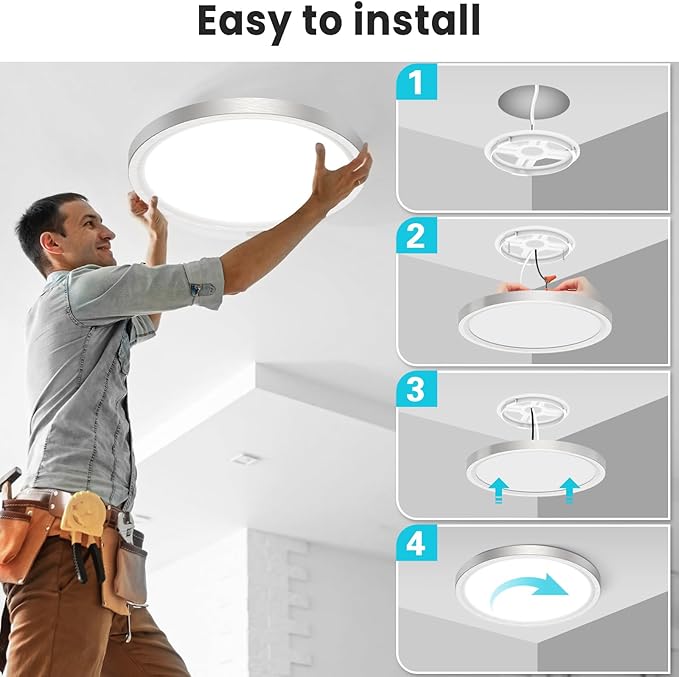 libtit 7 Inch Nickel Brushed Flush Mount Ceiling Light, 15W Ceiling Light Fixture,3000K/4000K/6500K Color Selectable,Ultra-Thin Round Ceiling Lighting Fixture for Bedroom Kitchen Pantry, 4 Pack